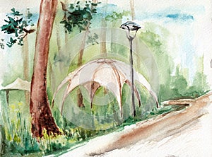 Landscape with road, pavilion and flashlight under trees  in a summer park. Hand drawn watercolors on paper textures. Raster