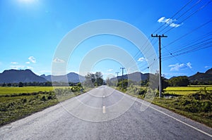 Landscape of the road and the rice field in midday