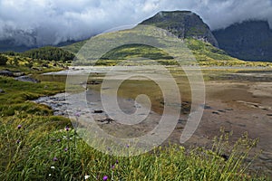 Landscape at the road to Vikten on Lofoten in Nordland county, Norway