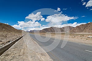 Landscape road view on the way car road trip in ladakh road, leh ladakh, jammu and kamir , india