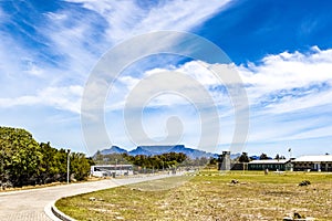 Landscape of Robben Island, the prison and the Table Mountain in the background, South Africa