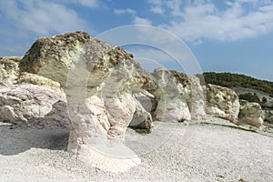 Landscape with Rock formation The Stone Mushrooms near Beli plast village, Kardzhali Region, Bulgaria