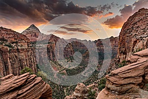 Landscape of rock formations in the Zion National Park during the sunset in Utah, the US