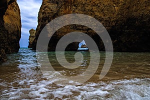 Landscape of the rocks, cliffs and ocean beach coastline Algarve view