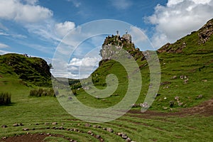 The landscape of rocks of Faerie Castle Castle Ewen at the Fairy Glen in Isle of Skye in Scotland with stone circle