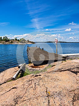 Landscape with rocks and landing stage on the island SladÃ¶ in Sweden