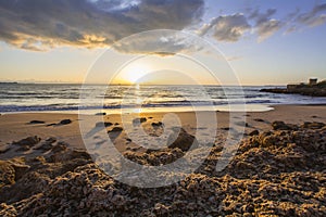 Landscape of rocky beach at sunset photo