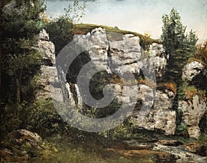 Landscape with rocky cliffs and waterfall by famous French painter Gustave Courbet