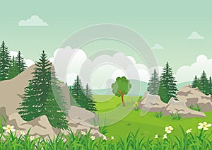 Landscape with rocky hill, Lovely and cute scenery cartoon design.