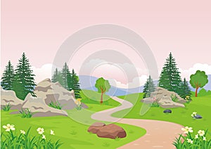 Landscape with rocky hill, Lovely and cute scenery cartoon design.