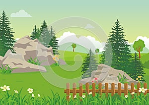 Landscape with rocky hill, Lovely and cute scenery cartoon design.