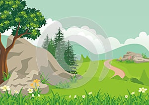 Landscape with rocky hill, Lovely and cute scenery cartoon design.