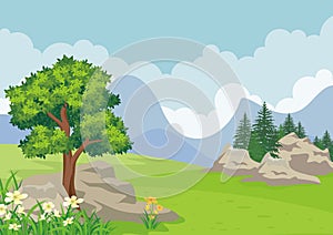 Landscape with rocky hill, Lovely and cute scenery cartoon design.