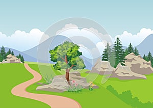 Landscape with rocky hill, Lovely and cute scenery cartoon design.