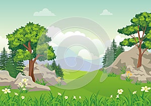 Landscape with rocky hill, Lovely and cute scenery cartoon design.