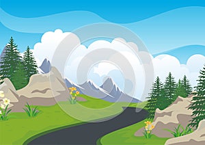 Landscape with rocky hill, Lovely and cute scenery cartoon design.