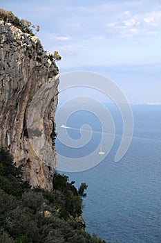 Landscape with rocky mountains with dense vegetation and calm sea far and down on horizon line on sunny day