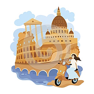 Landscape of Rome. Cartoon illustration of the sights of Italy. Vector drawing for travel agency.