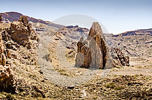 Landscape of Roques de Garcia in El Teide national park. Hiking trail on Tenerife. Cathedral rock. Scenic mountain landscape.