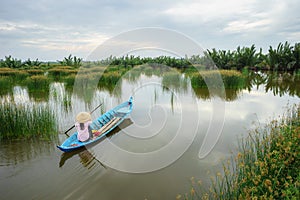 Landscape with rowing boat on rush field in Ca Mau province, Mekong delta, South Vietnam