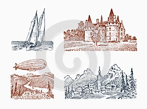 Landscape with a royal castle in the meadow. Fortress and Dirigible, Zeppelin, Mountain and sailboat. Graphic monochrome