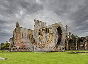 Landscape of the ruined medieval Melrose Abbey in Scotland.