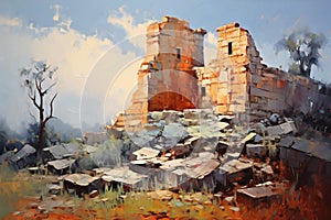 Landscape with the ruins of an ancient Indian temple. Oil painting in impressionism style