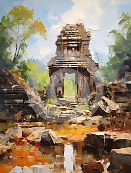 Landscape with the ruins of an ancient Indian temple. Oil painting in impressionism style