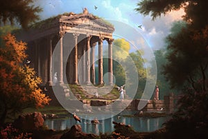 landscape of the ruins of an ancient Roman temple the dense forest with trees in front of the lake, butterflies, plants