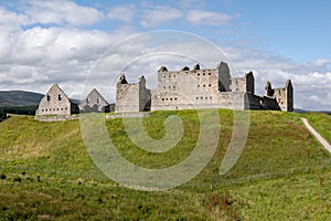 Landscape with ruins of medieval Ruthven Barracks in Cairngorms National Park near the Kingussie