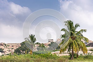 Landscape with ruins near Lakshmi Narasimha temple, Hampi, Karnataka, India