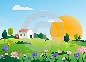 Landscape with a rural house and a well in a flower meadow. Blue sky and sun, trees and flowers.