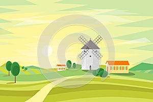 Landscape Rural with Traditional Old Windmill. Vector