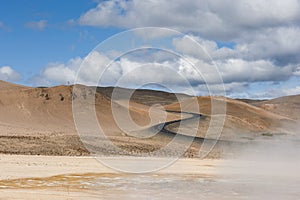 Landscape with s shaped road and geothermal mudpots, Hverir, Namafjall, Iceland