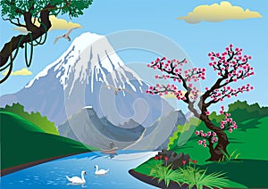 Landscape - Sakura on the river Bank. Mount Fuji. Fisherman on the river.