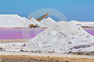 Landscape with salt  hills and transporting truck