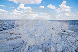 Landscape of the salt lake in the village of Baskunchak in the Astrakhan region of Russia. The largest salt Deposit.The salt trail