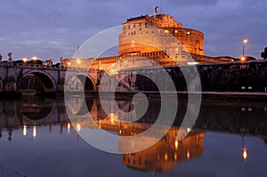 Landscape of San Angelo Castle with the Tiber river and a beautiful dusk