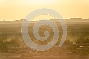 Landscape with sandstorm in the Sahara desert. Morocco