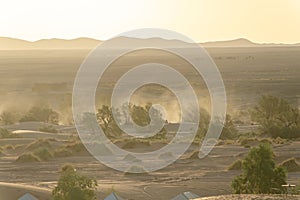 Landscape with sandstorm in the Sahara desert. Morocco