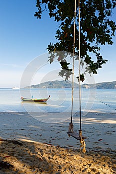Landscape a sandy beach in tropics, a swing