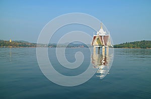 Landscape of Sangkhlaburi District of Thailand with the Bell Tower of Former Wat Wang Wirekaram Temple, Part of the Underwater
