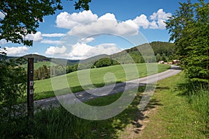 Landscape of Sauerland region close to Winterberg with a hiking trail, Germany