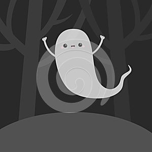 Landscape with scary tree forest scene. Flying ghost spirit in the dark. Happy Halloween. Cute cartoon kawaii spooky baby