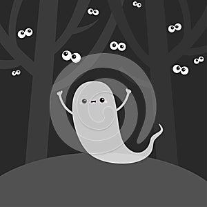 Landscape with scary tree forest scene. Flying ghost spirit. Eyes eyeballs in the dark. Boo. Happy Halloween. Cute cartoon kawaii