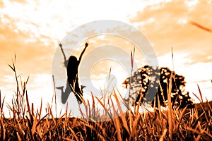 Grass field with blurred background of jumping person and stand alone tree in nature  with sunset tone