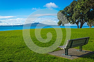 Landscape Scenery of Milford Beach Auckland New Zealand; View to Rangitoto Island during Sunny Day