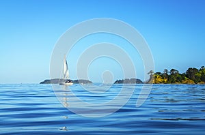 Landscape Scenery Scandrett Beach Auckland New Zealand; A Boat Crushing Through Calm Water