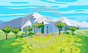 Landscape scenery view, mountaines, green meadow, flowers, trees. Rural nature, travel through countryside. Vector