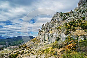 Landscape with scenic rocks at mountain slope